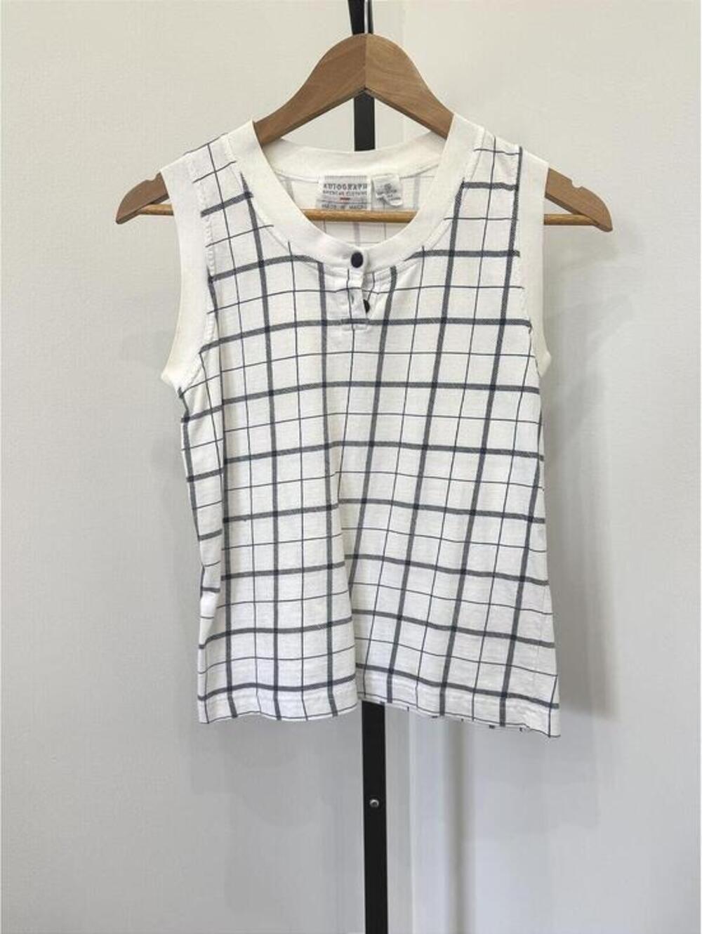 Vintage Autograph Sleeveless White and Navy Checkered Top Small